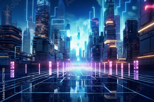 Futuristic blockchain cityscape with neon lights and floating cryptocurrency symbols.