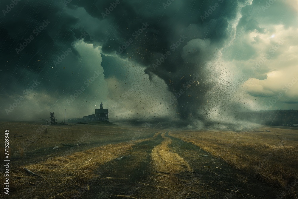 Fototapeta premium Tornado under a stormy sky focusing on the dramatic contrast and mood.