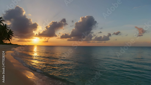 Beautiful panoramic sunset tropical paradise beach. Tranquil summer vacation or holiday landscape. Tropical sunset beach seaside palm calm sea panorama exotic nature view inspirational seascape sce