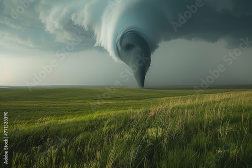 Tornado under a stormy sky focusing on the dramatic contrast and mood.