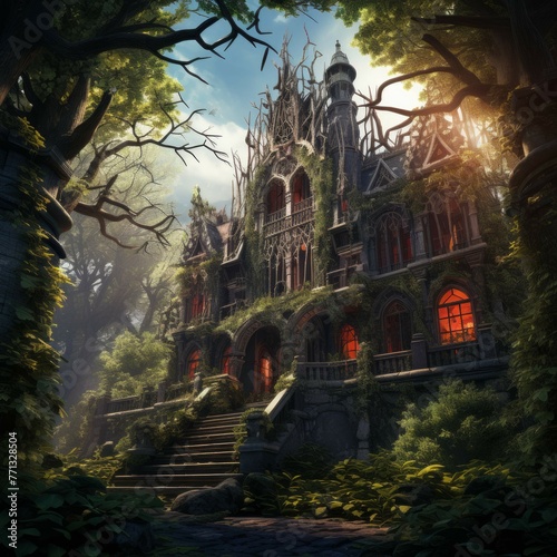 Gothic mansion hidden in dense forest with gargoyles and stained glass