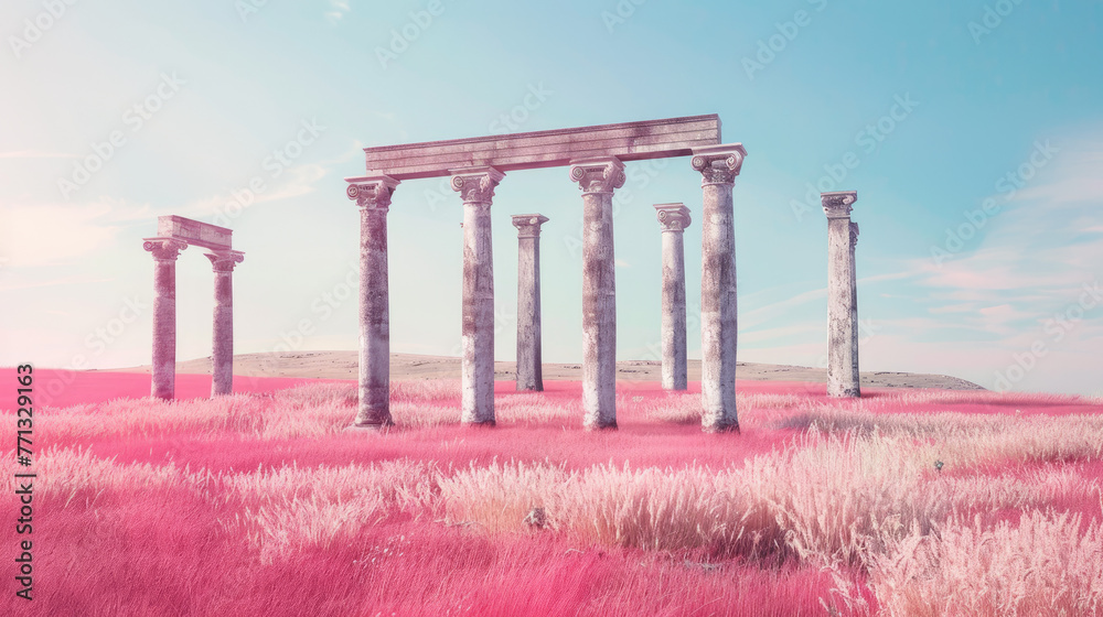 ancient greek pillars in the pink grass field, minimal composition