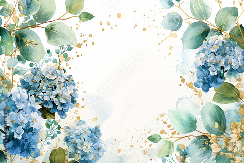 an illustrated invitation, luxury wedding theme, blank in middle no writing lines on solid white background, for a stubble gold and delicate floral borders, high detailed,a soft hydrangeas bouquet ado