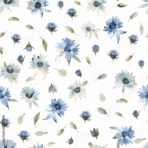 Whimsical watercolor cornflowers in scattered design, blending marlin, capri, and chambray hues, creating a playful and refreshing visual texture.