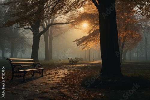 Foggy October morning in a city park