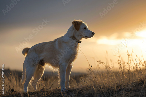 white dog standing in field in the style of golden ligh f6a3c4b9-5990-44fa-9a3e-4c813ffaf502
