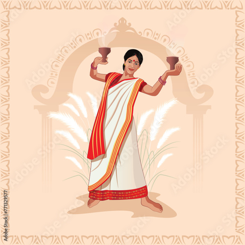 Indian God shri Druga in Happy Durga Puja Subh Navratri classical background. vector illustration design. Indian Culture, Folk, Cultural Dance. Varot Natyam Dhunuchi Dance Puja Festival