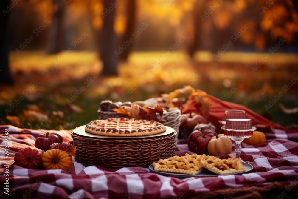 Thanksgiving picnic in a park with autumn colors