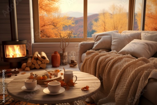 A cozy autumn living room with warm lighting