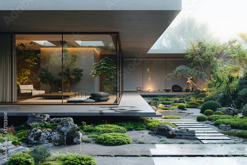 an architectural photograph exterior view of an minimalist villa, with very nice Japanese garden landscape, featured minimalist sliding door, medium shot © 성우 양