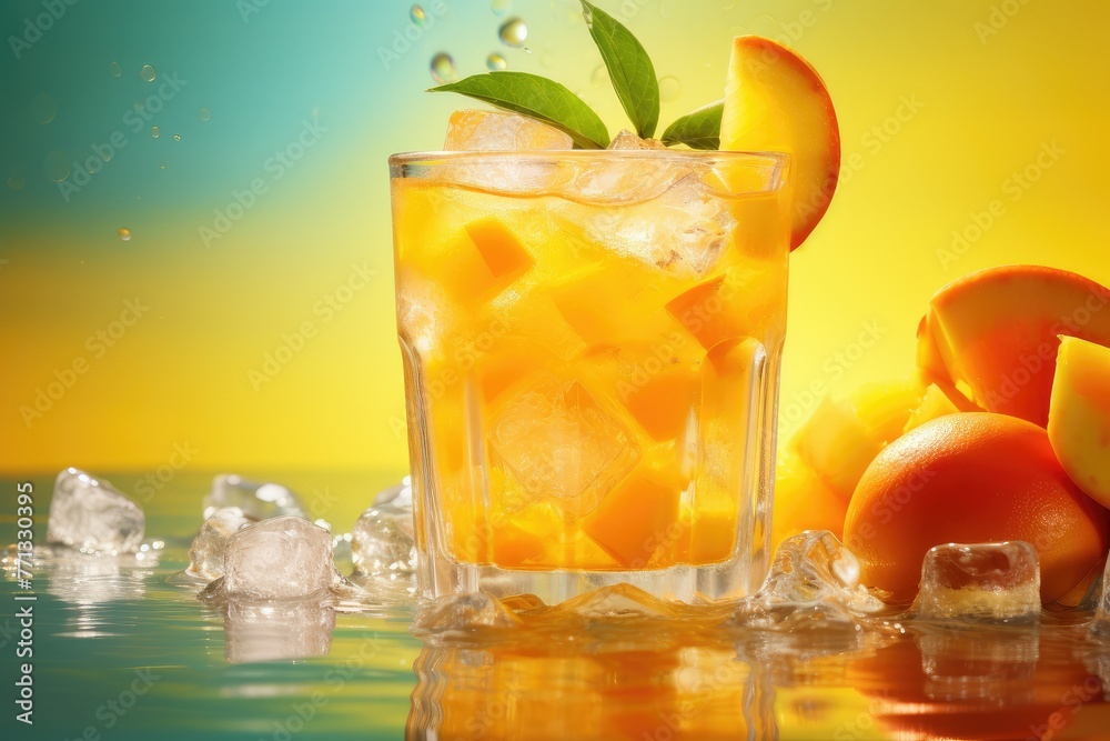 Fototapeta premium A glass filled with ice cubes and fresh orange slices, creating a refreshing and vibrant citrus-infused drink. Generative AI