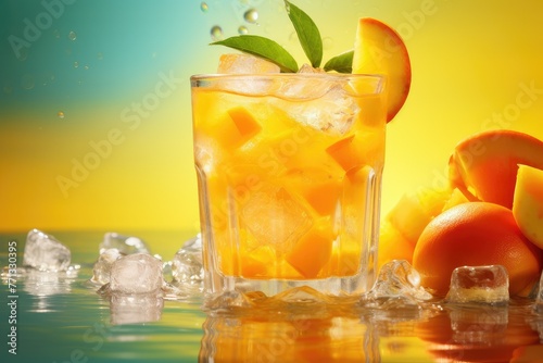 A glass filled with ice cubes and fresh orange slices, creating a refreshing and vibrant citrus-infused drink. Generative AI
