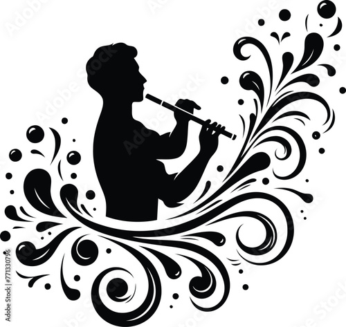male silhouette, play flute, music instrument, flowers ornament decoration, floral vector design.