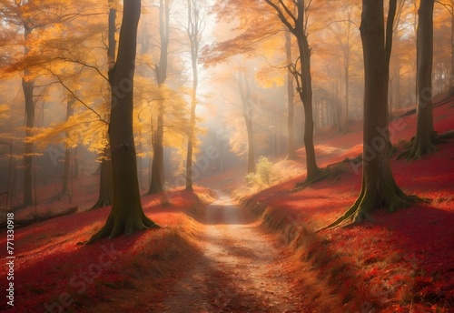 Vibrant autumn forest scene, with sunbeams filtering through the canopy onto a carpet of red and gold leaves, and a narrow path winding into the distance, generative AI © Zohaib