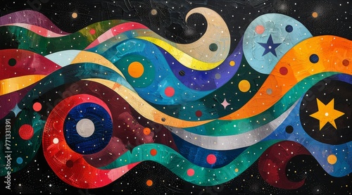 Vibrant abstract painting with wavy lines and dots. A captivating array of wavy lines and dots in various sizes and colors create a dynamic and vibrant abstract artwork with a cosmic feel