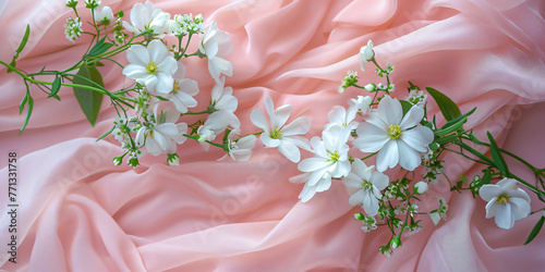 white flowers on a background of pink silk in the style cc5a0e28-22e2-4ea3-a43f-8a35d7462747 photo