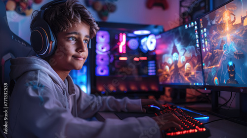 A boy gaming in front of his gaming computer. Generative AI.
