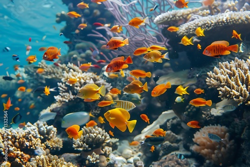   A vibrant coral reef ecosystem with a vast array of tropical fish swimming among the corals