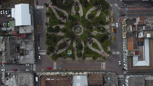 Central square of the city of Machachi, Pichincha Region, Ecuador. Top aerial view photo