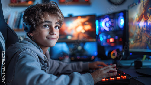 A boy gaming in front of his gaming computer. Generative AI. © visoot