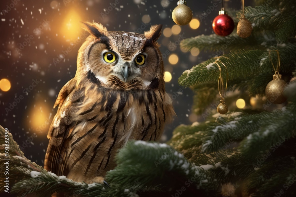 Wise owl perched on a branch of a Christmas tree Wise owl perched on a branch of a Christmas tree