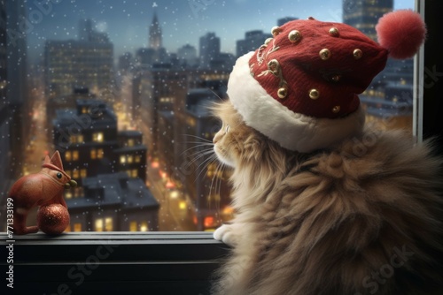 Christmas cat on a cozy window seat overlooking a snowy cityscape