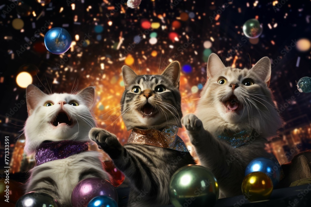 Festive cats celebrating New Year's Eve with a disco ball and fireworks.