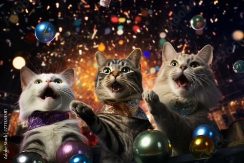 Festive cats celebrating New Year's Eve with a disco ball and fireworks.