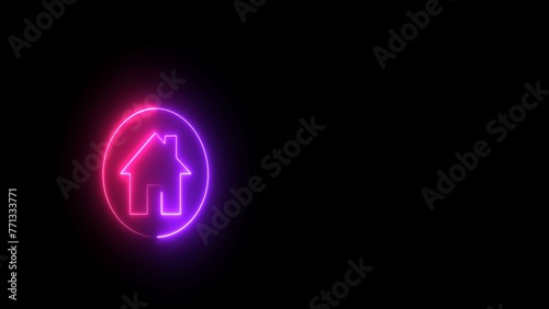 Neon house building sign. House icon glowing neon light on black background.