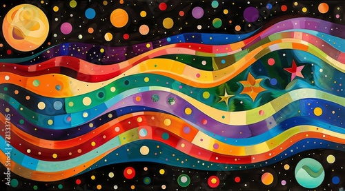 Vibrant abstract painting with wavy lines and dots. A captivating array of wavy lines and dots in various sizes and colors create a dynamic and vibrant abstract artwork with a cosmic feel