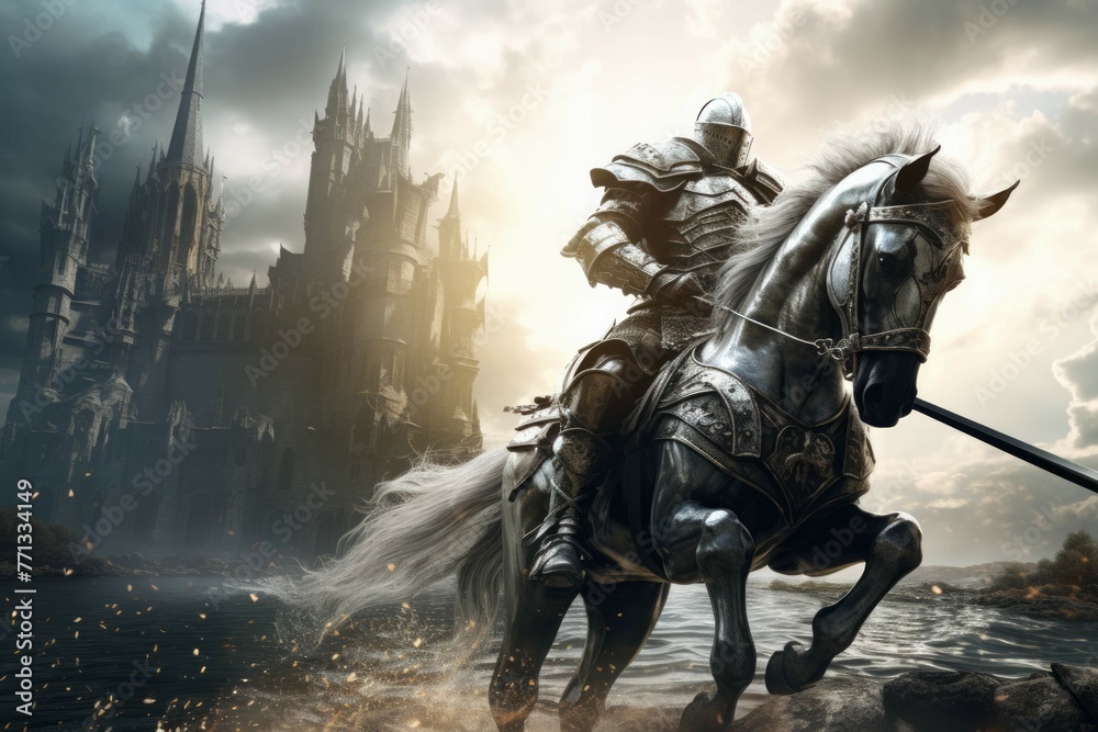 Naklejka premium Medieval knight charging towards a castle