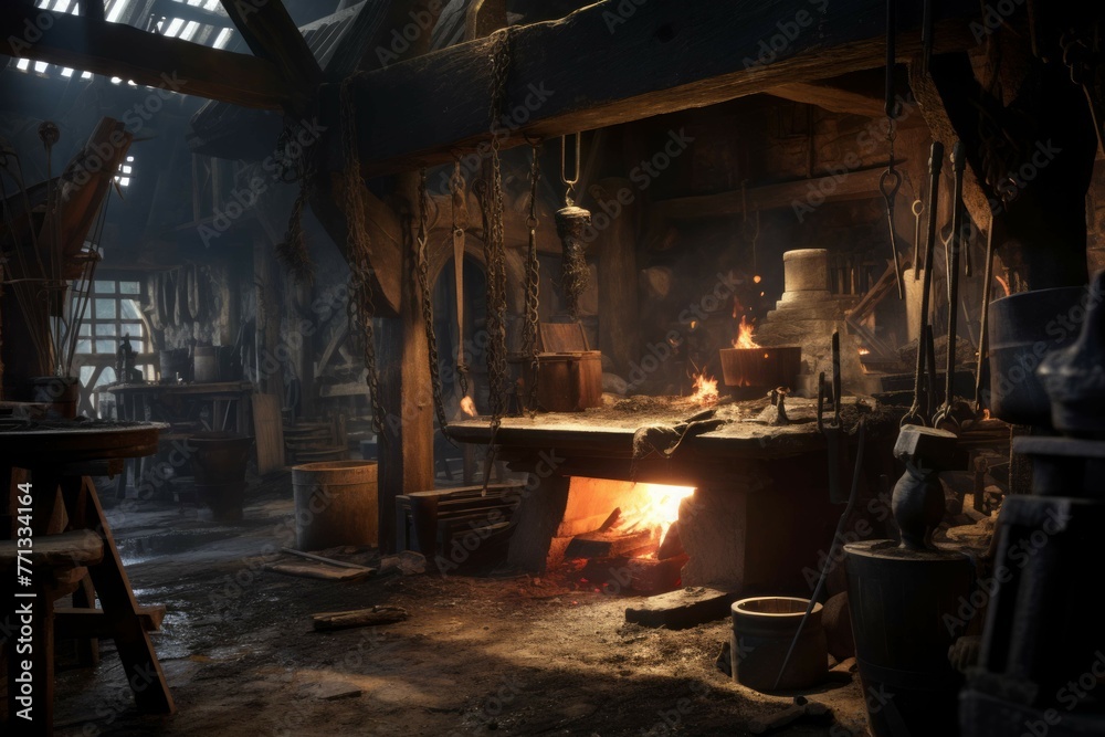 Medieval village blacksmith's forge with intense heat and hammers