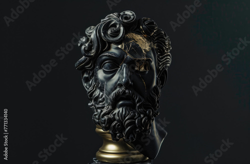 black marble Greek sculpture with a beard and eye patch made out of gold, on top of a pedestal