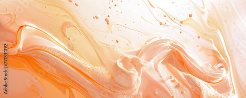 Soft peach and cream swirls in abstract liquid art. Close-up of creamy texture with oil bubbles. Design for luxury background, wallpaper. High-detail photography with focus on fluid patterns