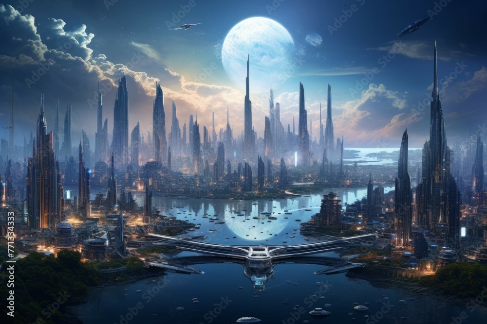 Futuristic cityscape on a distant planet with floating platforms and vibrant aurora borealis. - obrazy, fototapety, plakaty 