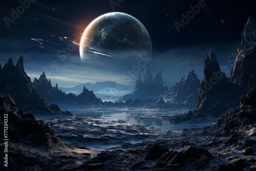 Rocky planet with magnificent ring system and rugged landscapes.
