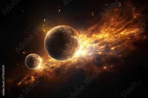 Binary star system illuminating a planet with tidal effects and golden light.