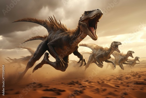 Pack of raptors running in prehistoric desert
