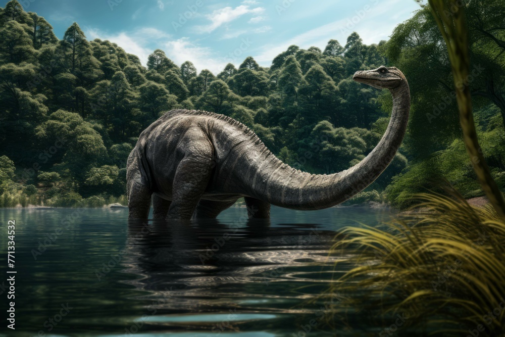 Fototapeta premium Diplodocus drinking from a peaceful lake