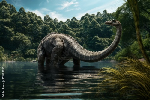 Diplodocus drinking from a peaceful lake