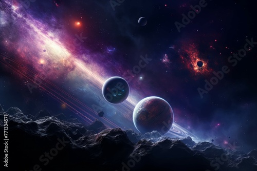 Futuristic planetary system with vibrant celestial bodies and sparkling stars.