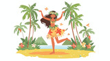 Cartoon Hawaiian girl dancing hula in the tropical 