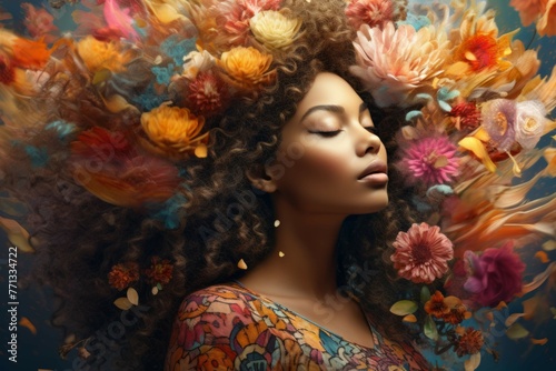Woman with hair made of blooming flowers, symbolizing the beauty of the human mind.