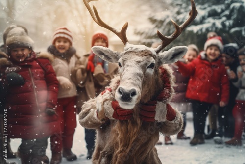 A Christmas dog wearing a reindeer costume playing with children in a snow-covered park.