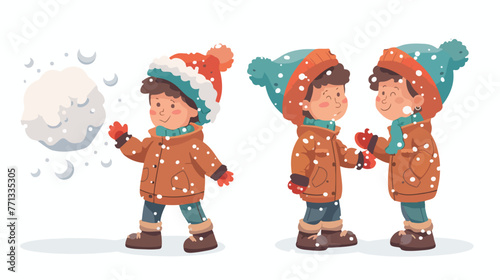 Cartoon little boy in winter clothes with snowball fl