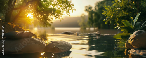 Sunset by the river with rocks and lush foliage. Peaceful nature and relaxation concept. Design for spa, mindfulness poster, wallpaper. Panoramic landscape photography with golden hour light © Truprint
