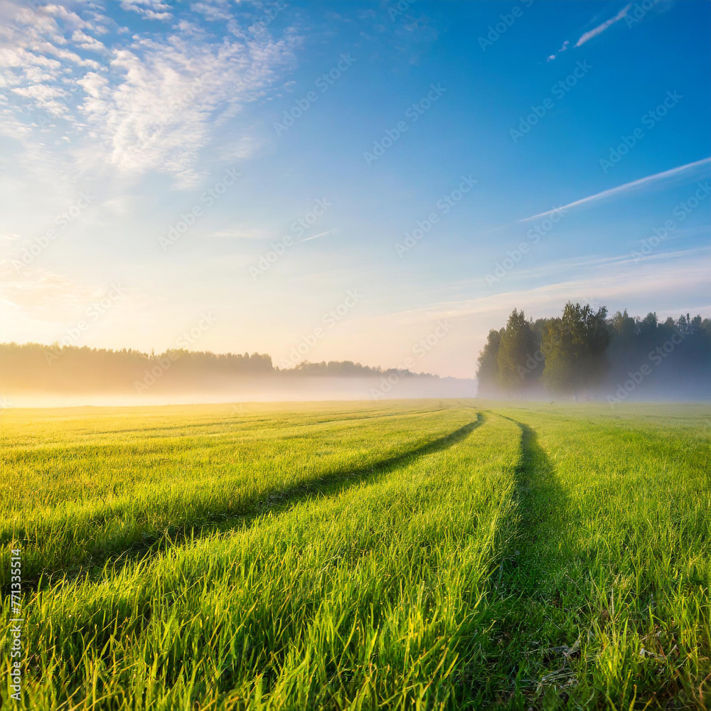 Beautiful summer natural landscape with lawn with cut fresh grass in early morning with light fog. Panoramic spring background. Beautiful summer natural landscape with lawn with cut fresh grass in early morning with light fog. Panoramic spring background.