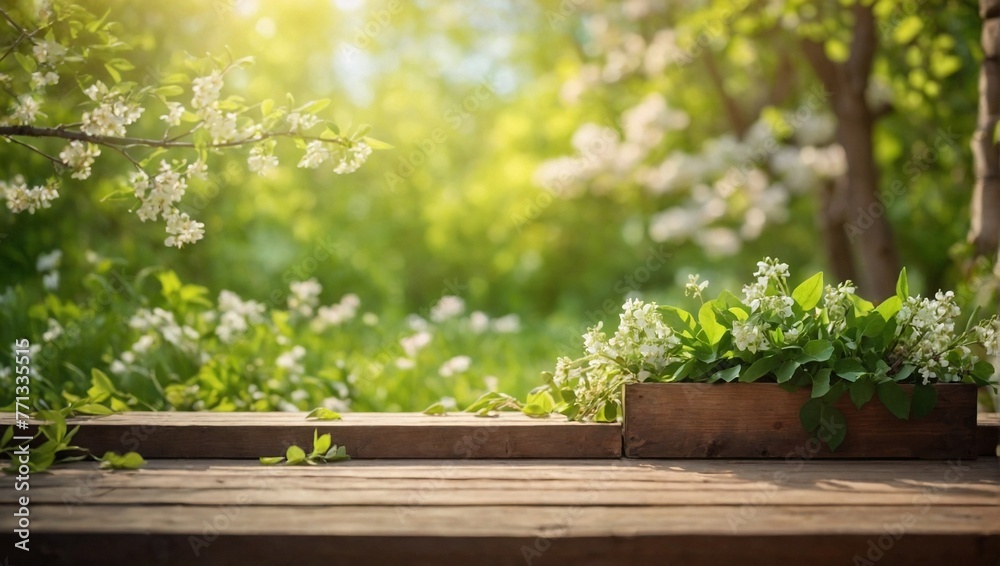 empty wood board for branding on Spring beautiful background empty wood board for branding on Spring beautiful background