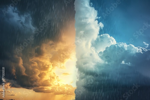 : A weather transformation, displaying a dreary rainy scene evolving into bright, sunny weather, with stormy clouds abating in time-lapse photo