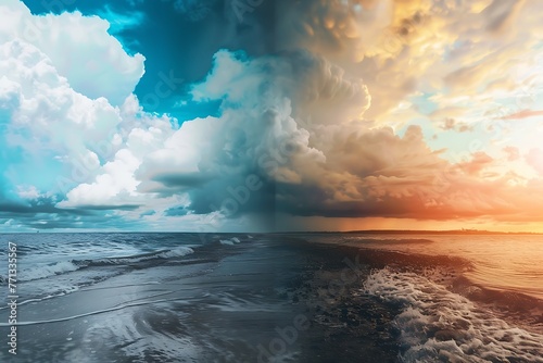 : A weather transformation, displaying a dreary rainy scene evolving into bright, sunny weather, with stormy clouds abating in time-lapse